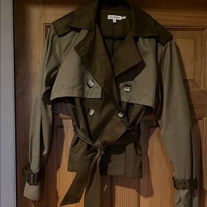 Good American Olive Double-Breasted Cropped Trench Coat